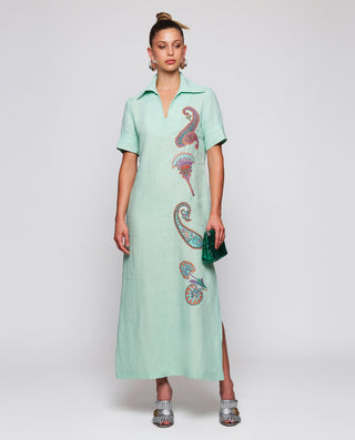 Vestido verde bordado paisley de lino by MIRTO | 05200_0051_3