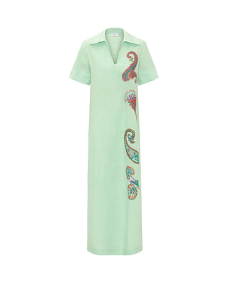 Vestido verde bordado paisley de lino by MIRTO | 05200_0051_4