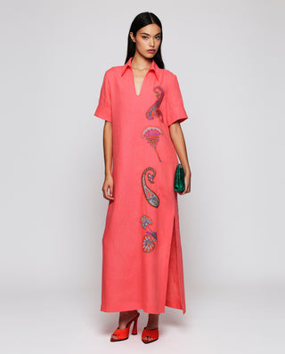Vestido naranja bordado paisley de lino by MIRTO | 05200_0052_3