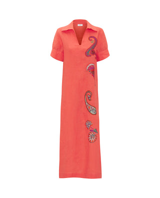 Vestido naranja bordado paisley de lino by MIRTO | 05200_0052_4