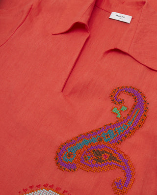 Vestido naranja bordado paisley de lino