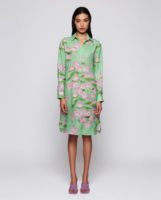 Green floral print linen short dress