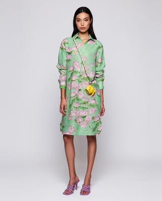 Green floral print linen short dress