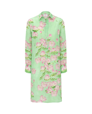 Green floral print linen short dress