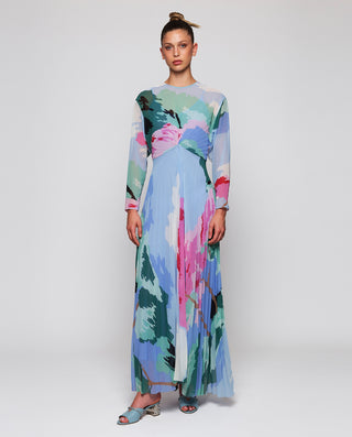 Vestido azul plisado estampado de gasa by MIRTO | 05217_0050_1