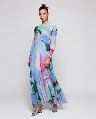 Blue print pleated chiffon dress
