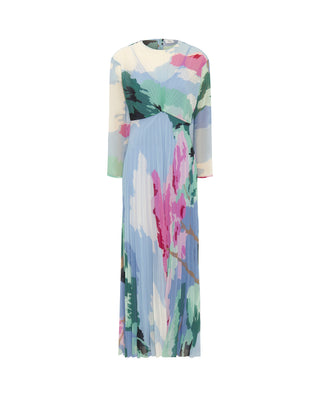 Blue print pleated chiffon dress