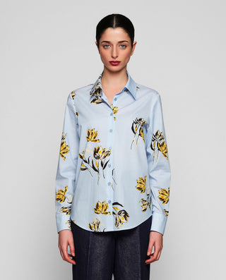 Camisa azul estampado floral algodón