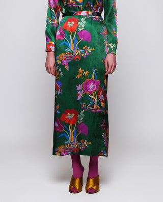 Falda larga verde estampado floral de seda by MIRT | 05395_0050_1