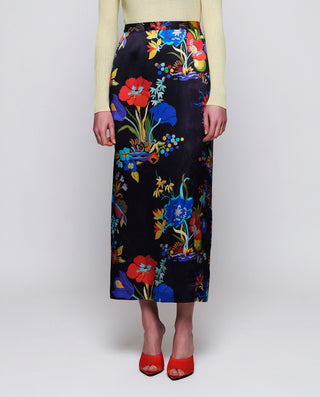 Falda larga azul estampado floral de seda by MIRTO | 05395_0051_1