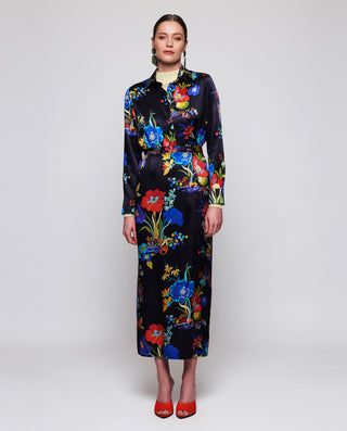 Falda larga azul estampado floral de seda by MIRTO | 05395_0051_4