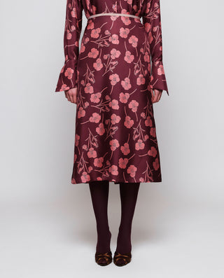 Burgundy floral print silk midi skirt