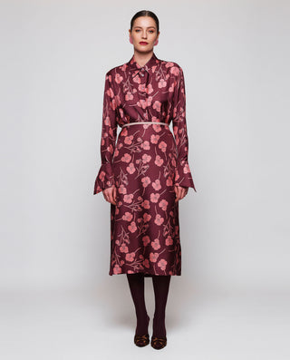 Burgundy floral print silk midi skirt