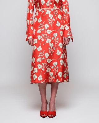Red floral print silk midi skirt