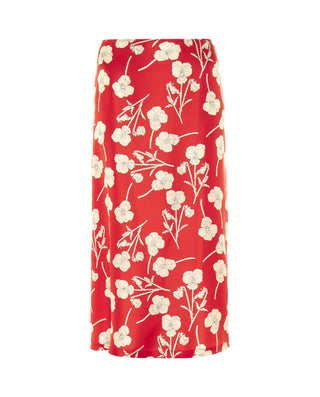 Red floral print silk midi skirt