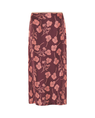 Burgundy floral print silk midi skirt