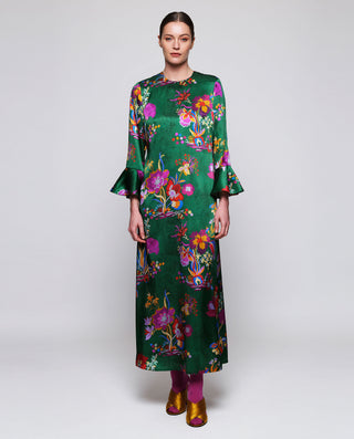 Vestido largo verde estampado floral de seda by MI | 05410_0050_1