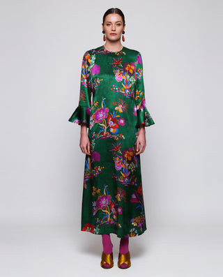 Vestido largo verde estampado floral de seda by MI | 05410_0050_3