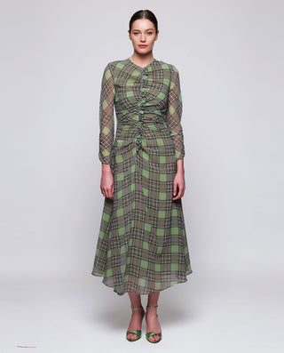 Vestido verde drapeado estampado cuadros