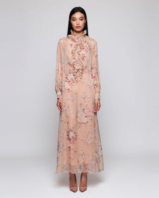 Beige floral print chiffon dress