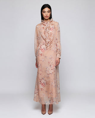 Vestido beige de gasa estampado floral