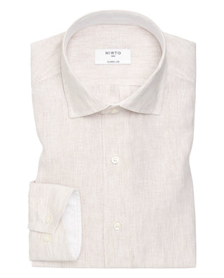 Beige linen striped long-sleeved casual shirt