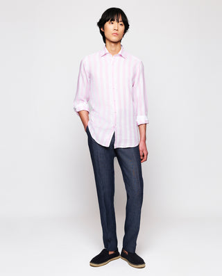 Pink & white striped linen casual shirt