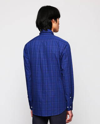 Navy blue cotton plaid casual shirt