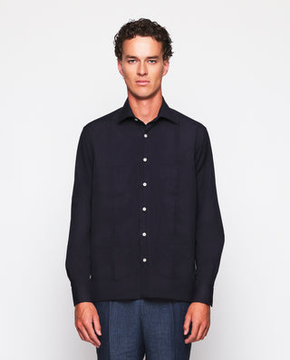 Guayabera manga larga azul marino de algodón