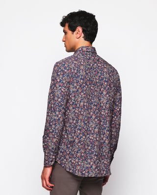 Camisa casual azul marino estampado floral marrón