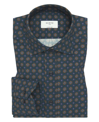 Camisa casual azul estampado floral ocre de franela