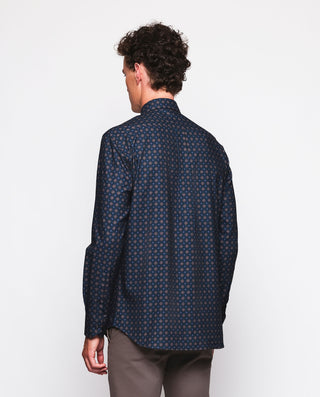 Camisa casual azul estampado floral ocre de franela