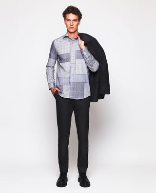 Camisa casual patchwork azul y gris de franela