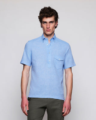 Camisa polera azul en mezcla de lino