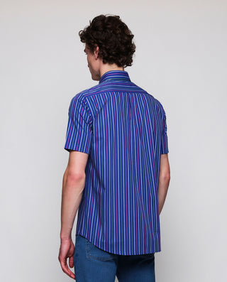 Navy blue short sleeved casual shirt multicolor stripes