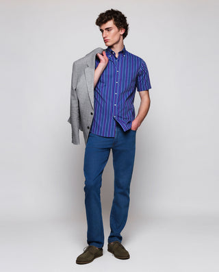 Navy blue short sleeved casual shirt multicolor stripes