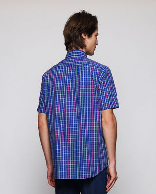 Navy blue casual shirt short sleeved multicolor plaid