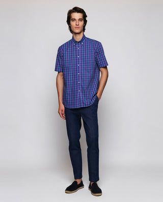 Navy blue casual shirt short sleeved multicolor plaid