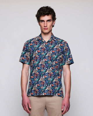 Camisa Hawaiana azul estampado tropical