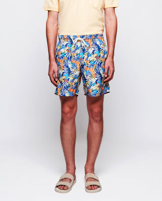 Bañador estampado hojas azul y naranja