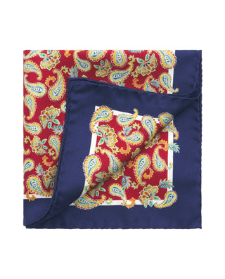 Blue and red paisley print silk pocket square