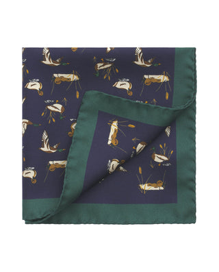 Pañuelo de bolsillo azul marino estampado patos de seda