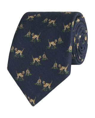 Navy blue wool tie with dog print