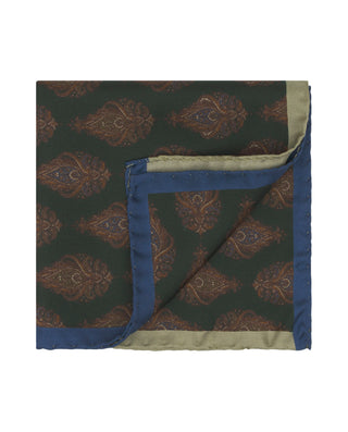 Pañuelo de bolsillo verde, camel y azul estampado de seda
