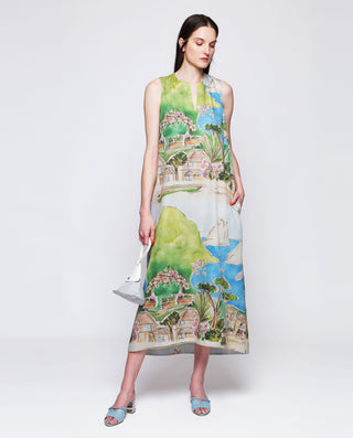 Vestido de algodón estampado pictórico verde by MI