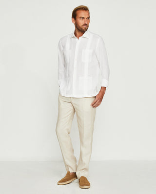 Guayabera lino manga larga cuatro bolsillos blanca