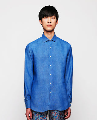 Camisa casual de lino azul royal by MIRTO