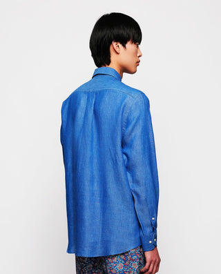 Camisa casual de lino azul royal by MIRTO