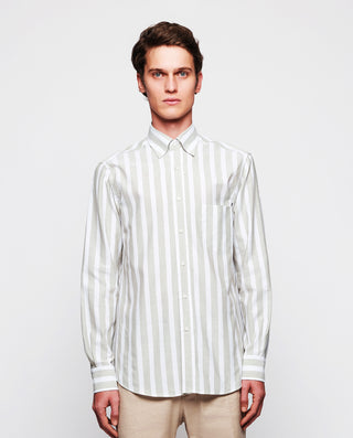 Camisa casual algodón y lino rayas caqui by MIRTO