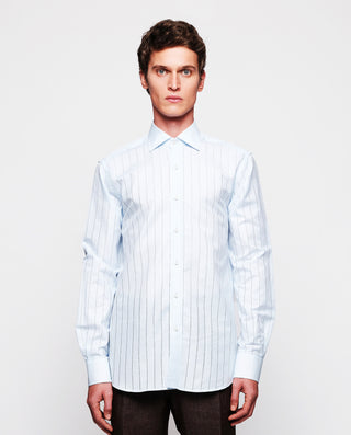 Camisa casual calada lino y algodón azul by MIRTO